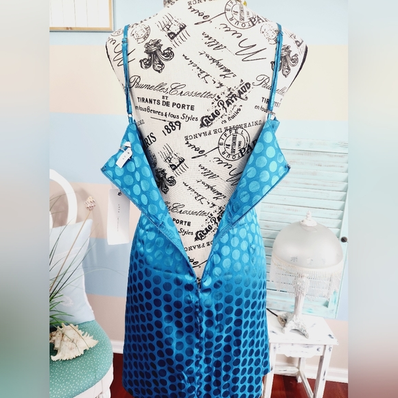 NWT LuLus Lush Celine Teal Blue Satin Polka Dot Twist-Front Mini Dress - Picture 7 of 11